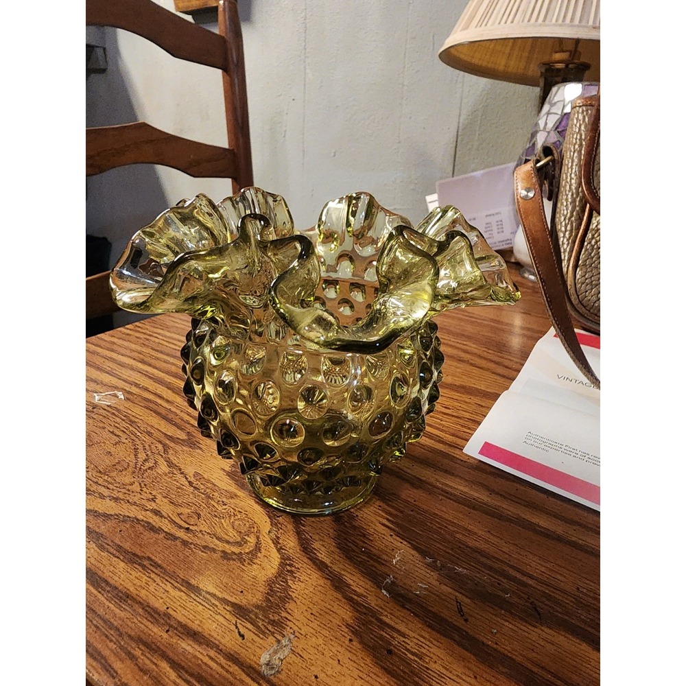 Vintage Fenton Hobnail Green Glass Decorative Ruffled Rose‎ Bowl Rare